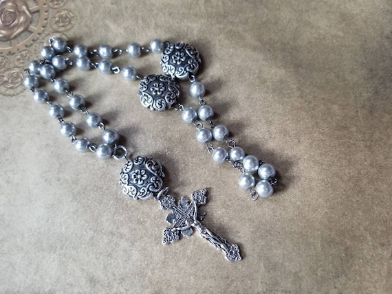 Orthodox Christian Chotki, gunmetal, silver glass pearls, antique silver toned beads, large detailed crucifix, prayer beads, Komboskini