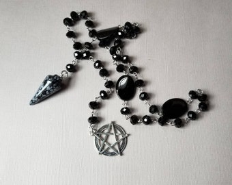 Witches ladder, pagan prayer beads, Wiccan beads, stainless steel, black faceted Czech glass, Snowflake Obsidian pendulum, pentagram charm
