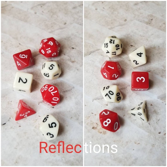 Reflections dnd dice, red and white curated dice set, polyhedral dice, DnD dice set, gaming dice, set of 7 dice, hand picked sets, 16mm