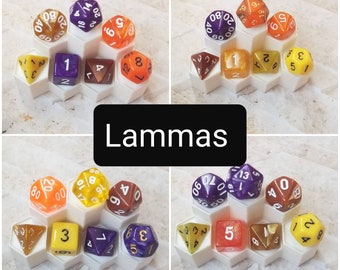 Lammas 16mm dnd dice sets, Lammas dice sets, Sabbat themed dnd dice, themed hand picked dnd dice, curated set, polyhedral dice, RPG dice