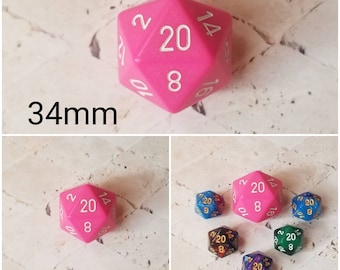 Hot pink and white 34mm Jumbo d20, dnd dice, oversized d20, jumbo sized d20, dnd d20, dnd dice, ttrpg dice, 34mm jumbo dnd d20