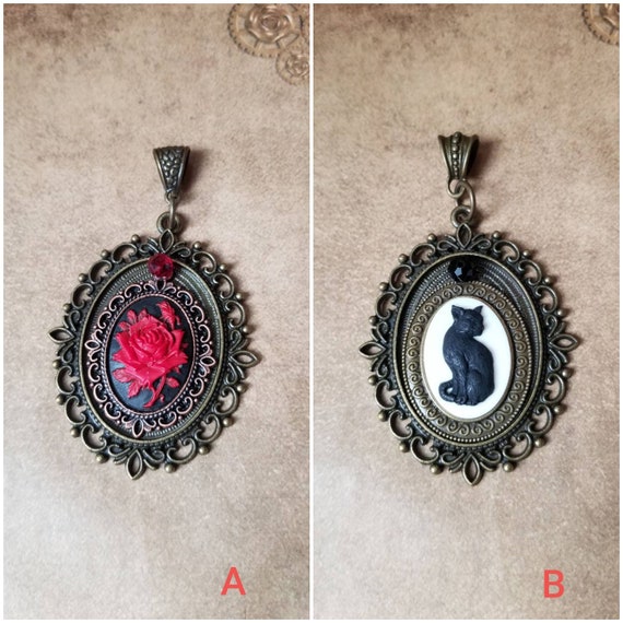 Black cat pendant, cat pendant, red rose cameo, Goth jewelry, black cat jewelry, Witches familiar, Belle's rose, bronze bezels, Czech glass