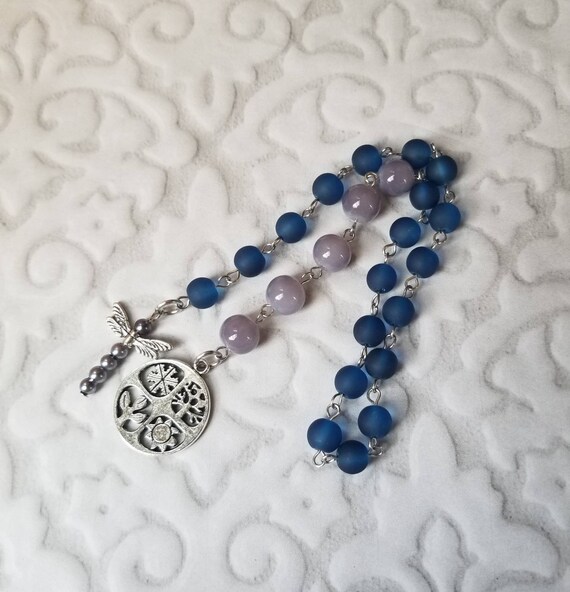 Baha'i prayer beads, 19 and 5 prayer beads, hand-wired, stainless, blue sea glass, gray Malay Jade, four seasons charm, handmade dragonfly