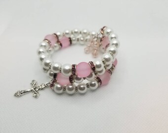 Lutheran rosary bracelet, Lutheran prayer bracelet, memory wire bracelet, wrap bracelet, pink and white glass beads, budded crucifix, silver
