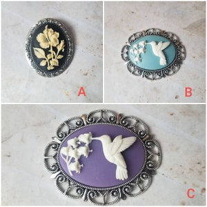 Cameo brooch, silver-toned brooch pins, Hibiscus cameo brooch, Hummingbird cameo brooch, flower cameo, Hummingbird cameo, choice of three