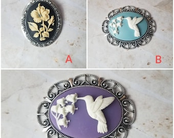 Cameo brooch, silver-toned brooch pins, Hibiscus cameo brooch, Hummingbird cameo brooch, flower cameo, Hummingbird cameo, choice of three