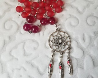 Baha'i prayer beads, 19 and 5 prayer beads, hand-wired, stainless, red sea glass, red Malay Jade, silver tone dreamcatcher charm, loop style