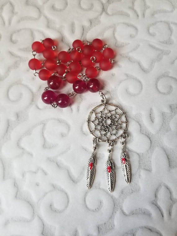 Baha'i prayer beads, 19 and 5 prayer beads, hand-wired, stainless, red sea glass, red Malay Jade, silver tone dreamcatcher charm, loop style