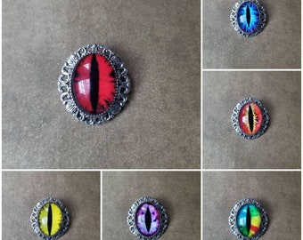 Dragon eye brooch, dragon eye pendant, dragon eye jewelry, glass eye cabochons, silver toned bezel frame, fantasy jewelry, LARP jewelry