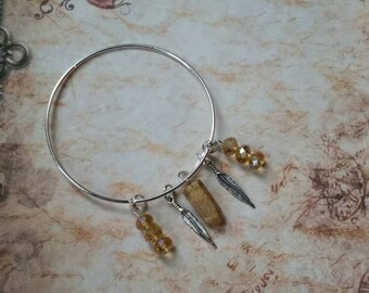 Mabon bangle, expandable bangle, Mabon jewelry, matches prayer beads, Mabon Sabbat bracelet, Picture Jasper, topaz Czech glass, feathers