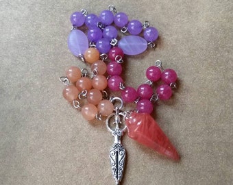 Mabon prayer beads, pagan prayer beads, Mabon witches prayer beads, stainless steel, Malay jade beads, Cherry Quartz pendulum, Goddess charm