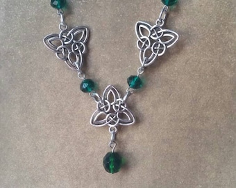 Pagan circlet, pagan necklace, pagan jewelry, wear as headpiece or necklace, ritual headpiece, stainless steel, green Czech glass, Triquetra