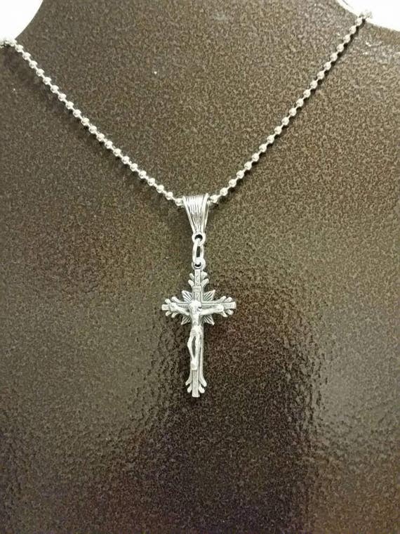 Religious necklace, beautiful Italian-made silver metal crucifix pendant with decorative bail and silver-toned chain necklace