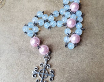 Anglican Prayer beads, Episcopal, Methodist, Protestant, rose glass pearls, Opalite beads,  Jerusalem cross, gunmetal, hand-wired, OOAK