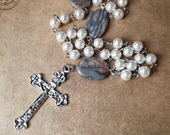 Orthodox prayer beads, Orthodox Chotki, ivory glass pearls, gray marble beads, budded crucifix, silver toned, Orthodox Chotki, Komboskini