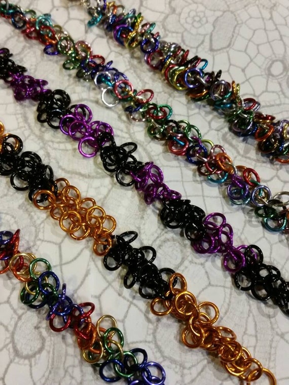 Chain maille bracelet, Shaggy loops bracelet, shaggy loops chain maille bracelet, Halloween colors, LGBT Pride, multi-colored shaggy loops