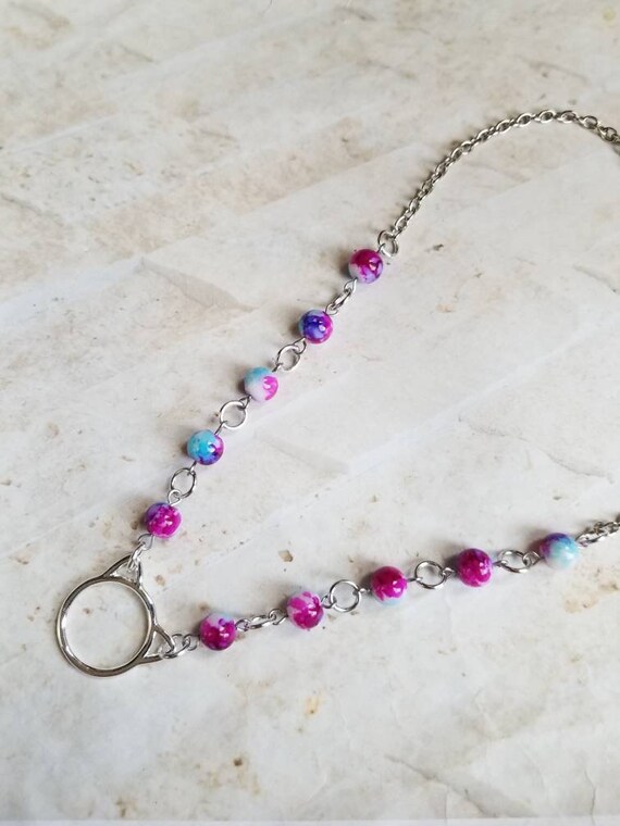 O ring day collar, tie dye beads, discreet day collar, symbolic jewelry, BDSM collar, submissive collar, stainless, cat ear O ring