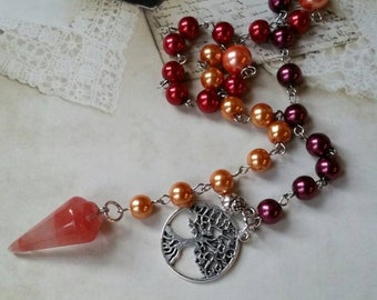 Litha prayer beads, pagan prayer beads, Fire prayer beads, Midsummer prayer beads, Summer solstice, glass pearls, tree charm, Cherry Quartz
