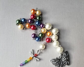 Baha'i prayer beads, 19 and 5 prayer beads, hand-wired, rainbow, LGBT pride, stainless steel, glass pearls, bead dragonfly, butterfly charm