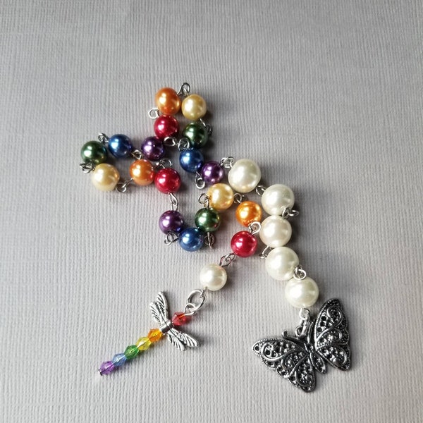 Baha'i prayer beads, 19 and 5 prayer beads, hand-wired, rainbow, LGBT pride, stainless steel, glass pearls, bead dragonfly, butterfly charm