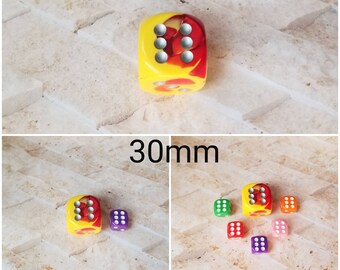 30mm Chessex Gemini Red and Yellow with silver pips, Chessex 30mm die, Gemini red and yellow, mega titan d6, dnd dice, extra d6 dice,