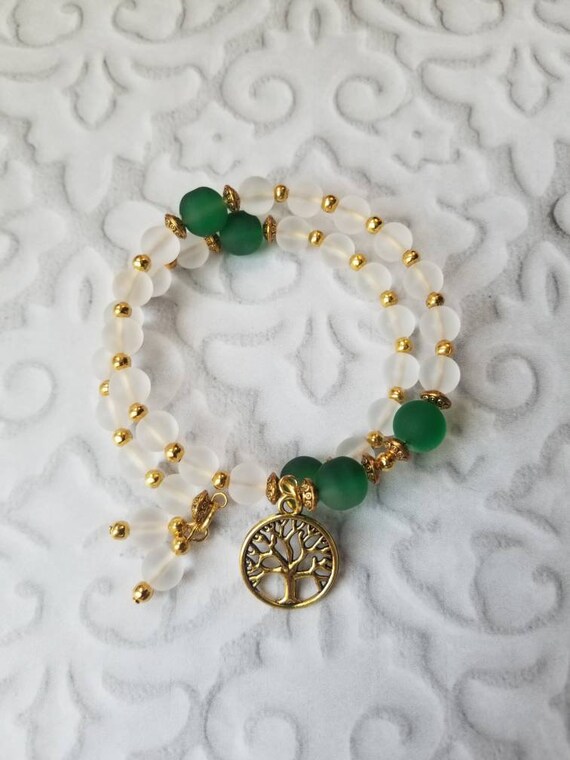 Anglican prayer bead bracelet, memory wire bracelet, beaded bracelet, wrap bracelet, green and clear glass beads, gold beads, tree of life