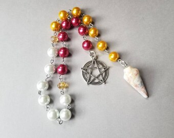 Imbolc prayer beads,pagan prayer beads, witches prayer beads, stainless steel, glass pearls, Agate pendulum, pentagram charm, glass pearls