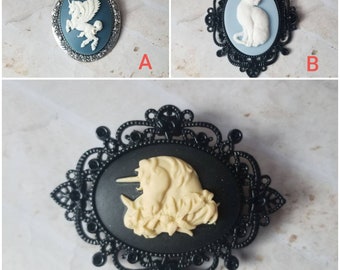 Cameo brooch, brooch pins, cameo pin, pegasus cameo brooch, blue cat cameo, unicorn cameo brooch, Goth Valentine gift, cat cameo brooch