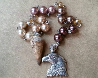 Mabon prayer beads, pagan prayer beads, Mabon witches prayer beads, stainless steel, glass pearls, Picture Jasper, bird of prey charm, Hawk