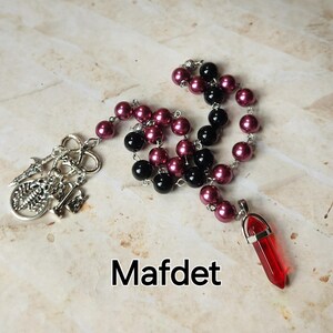 Mafdet prayer beads, Kemetic Goddess prayer beads, hand-wired, beautiful beads, silver-toned charms, Goddess, Egyptian, pagan,