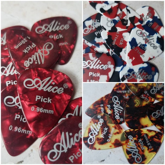 Destash guitar picks, guitar plectrums, Alice brand pearl guitar picks, Alice picks x 10, pearl picks, premium Alice picks, choice of three