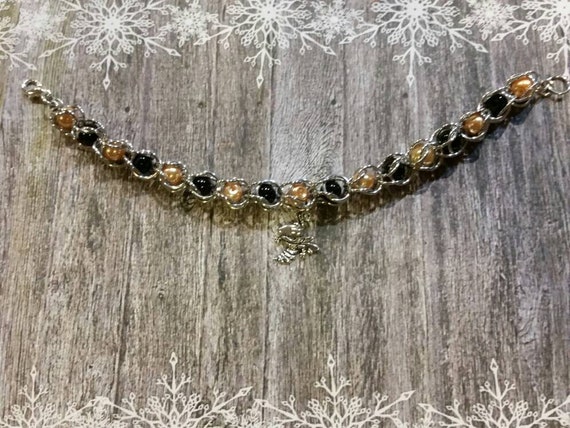 Custom team colors, captive bead bracelet, captured pearl jewelry, chain maille bracelet, glass pearls, captured beads, Georgia Tech Jackets