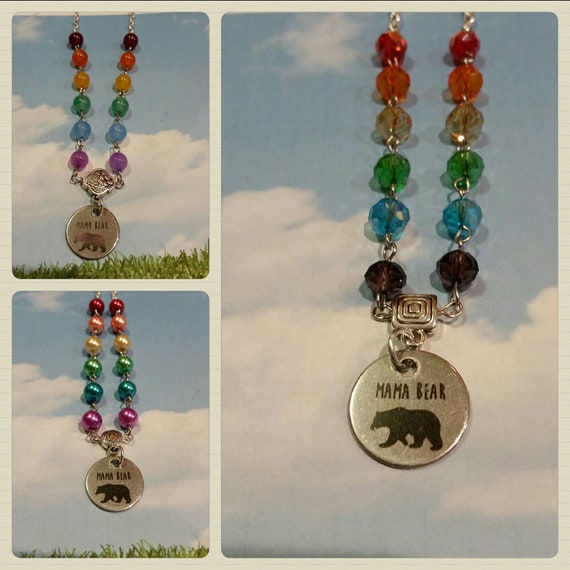 Mama Bear pride necklace, Mama Bear jewelry, pride jewelry, LGBT jewelry, rainbow necklace, stainless steel, pearls, Czech glass, Jade