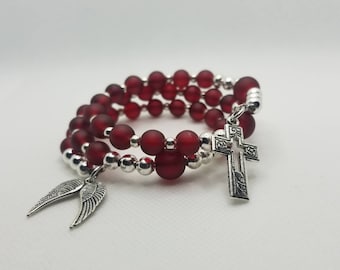 Orthodox prayer bracelet, Orthodox Chotki, Orthodox Christian prayer bracelet, memory wire, multi-loop, red sea glass, open cross, silver