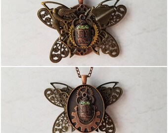 Steampunk pendant, mixed metal pendant, Steampunk necklace, Steampunk assemblage, reversible necklace,  butterfly necklace, Goth jewelry