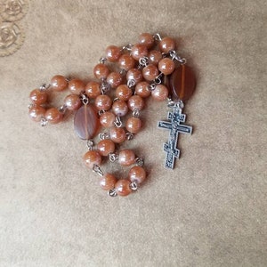Orthodox prayer beads, Orthodox Chotki, brown glass beads,Golden Horn beads, Orthodox cross, silver toned, Orthodox Chotki, Komboskini