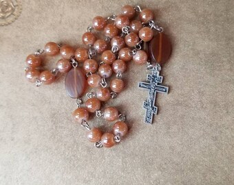 Orthodox prayer beads, Orthodox Chotki, brown glass beads,Golden Horn beads, Orthodox cross, silver toned, Orthodox Chotki, Komboskini