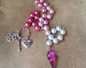 imbolc prayer beads,pagan prayer beads, witches prayer beads, stainless steel, glass pearls, pink pendulum, Blessed Be, Goddess charm