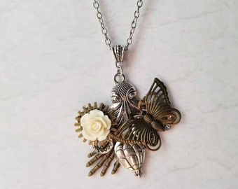 Steampunk pendant, mixed metal pendant, Steampunk necklace, Steampunk assemblage, unique gift, Octopus pendant, soft Goth jewelry, OOAK