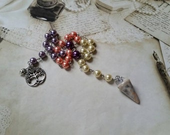 Lammas prayer beads, pagan prayer beads, Lughnasadh prayer beads, stainless steel, glass pearls, Crazy Lace Agate pendulum, tree of life