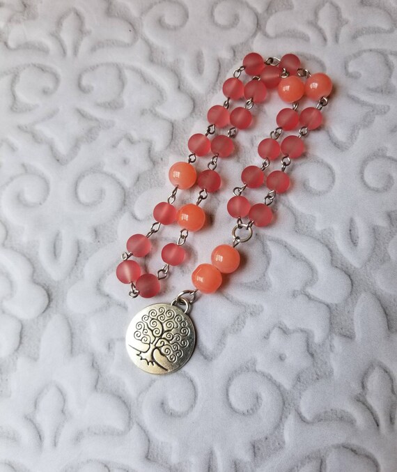 UU Prayer beads, Unitarian universalist prayer beads, stainless, hand wired, coral sea glass, peach Malay Jade, silver toned tree of life