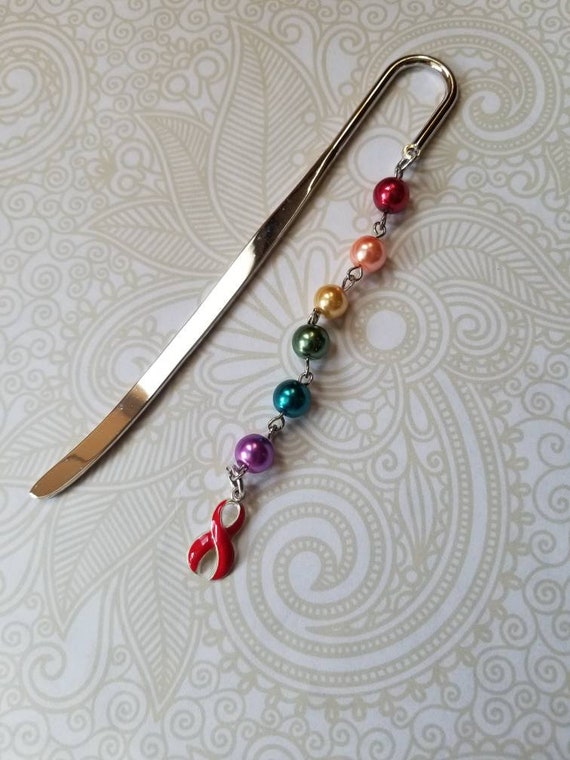 Rainbow bookmark, LGBT pride bookmark, awareness bookmark, rainbow glass pearls, red ribbon charm, Shepherd's hook, red ribbon bookmark
