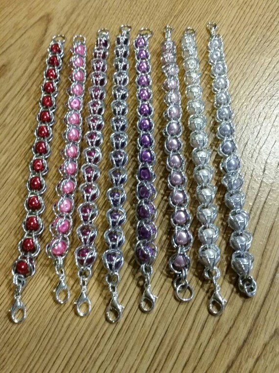 Captive bead bracelet, captured pearl jewelry, chain maille bracelet, silver, glass pearls, captured beads, pinks and purples, reds, captive