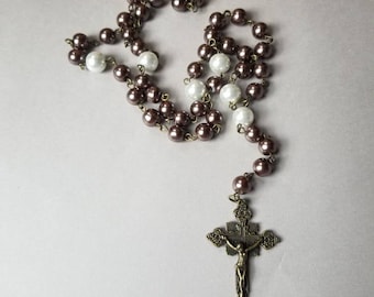 Lutheran rosary, prayer beads, bronze toned, chocolate brown and ivory glass pearls, detailed budded crucifix, religious, OOAK, hand-wired