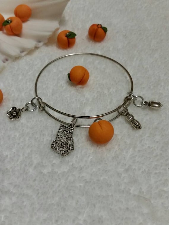 Peach bracelet, silver metal bangle, expandable bangle, charm bracelet, charm bangle, Georgia bracelet, silver metal bangle, Georgia jewelry