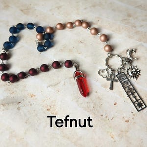 Tefnut prayer beads, Kemetic Goddess prayer beads, hand-wired, beautiful beads, silver-toned charms, Goddess, Egyptian, pagan,