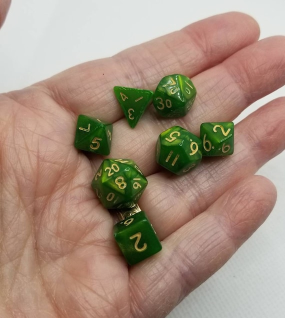 Pearly bright green and gold mini Dnd dice, mini polyhedral gaming dice, DnD dice set, RPG dice, D and D dice, set of 7 DnD dice, 10mm dice