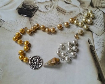 Lammas prayer beads, pagan prayer beads, Lughnasadh prayer beads, stainless steel, glass pearls, Crazy Lace Agate, sun and moon charm, Czech