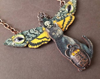 Death's head moth necklace, Steampunk assemblage, wood lasercut Hawk moth, black cat necklace, Scarab beetle necklace, copper, green eyes
