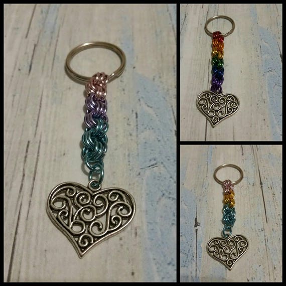 Keychain, LGBT Pride keychains with chain maille chain, silver metal charms, keychains, Bisexual, Pansexual, or Rainbow flag colors